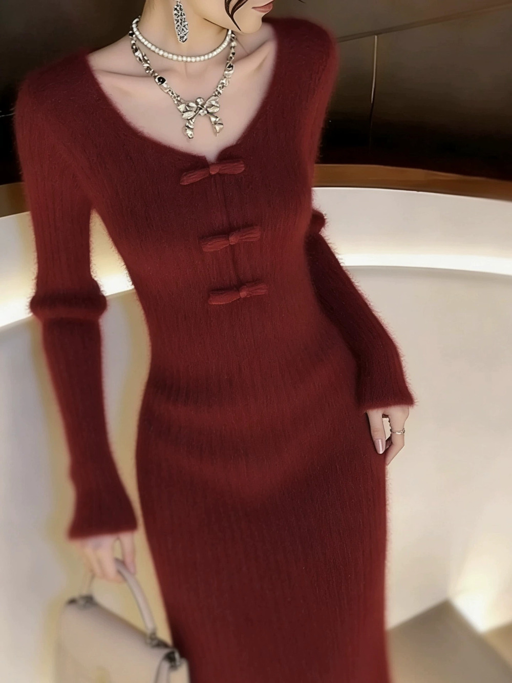 ZARA New Red Knit Long Dress for Women Winter Turtleneck Bodycon Slim Elegant
